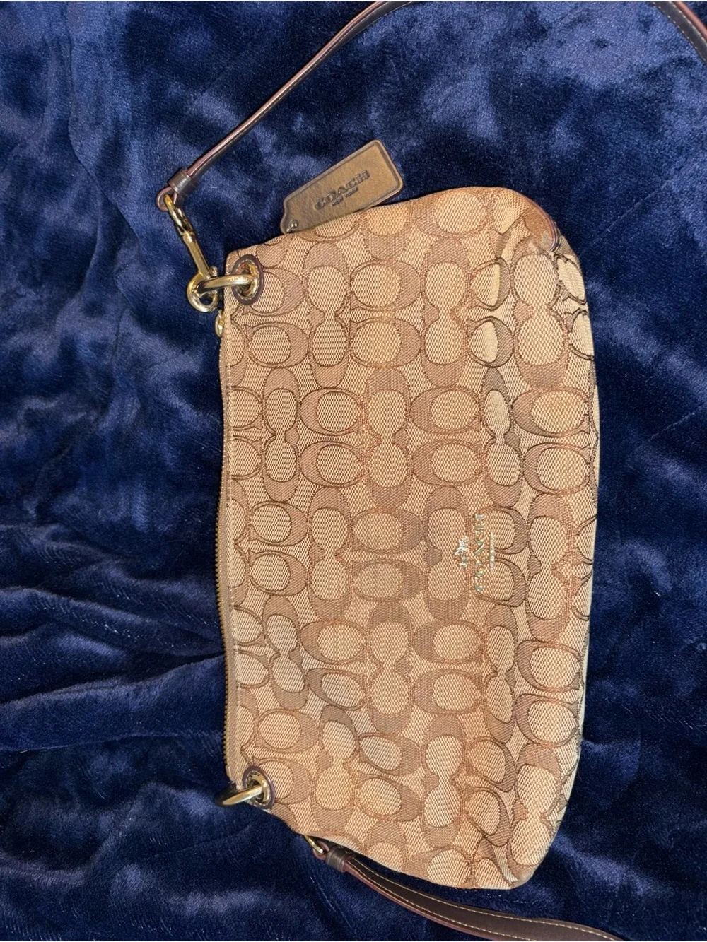 Coach Beige Signature Canvas Shoulder Bag with Brown Leather Strap